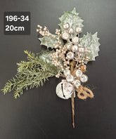 Crenguță artificială de Crăciun cu frunze argintii și clopoțel, 20 cm, set 10 bucăți